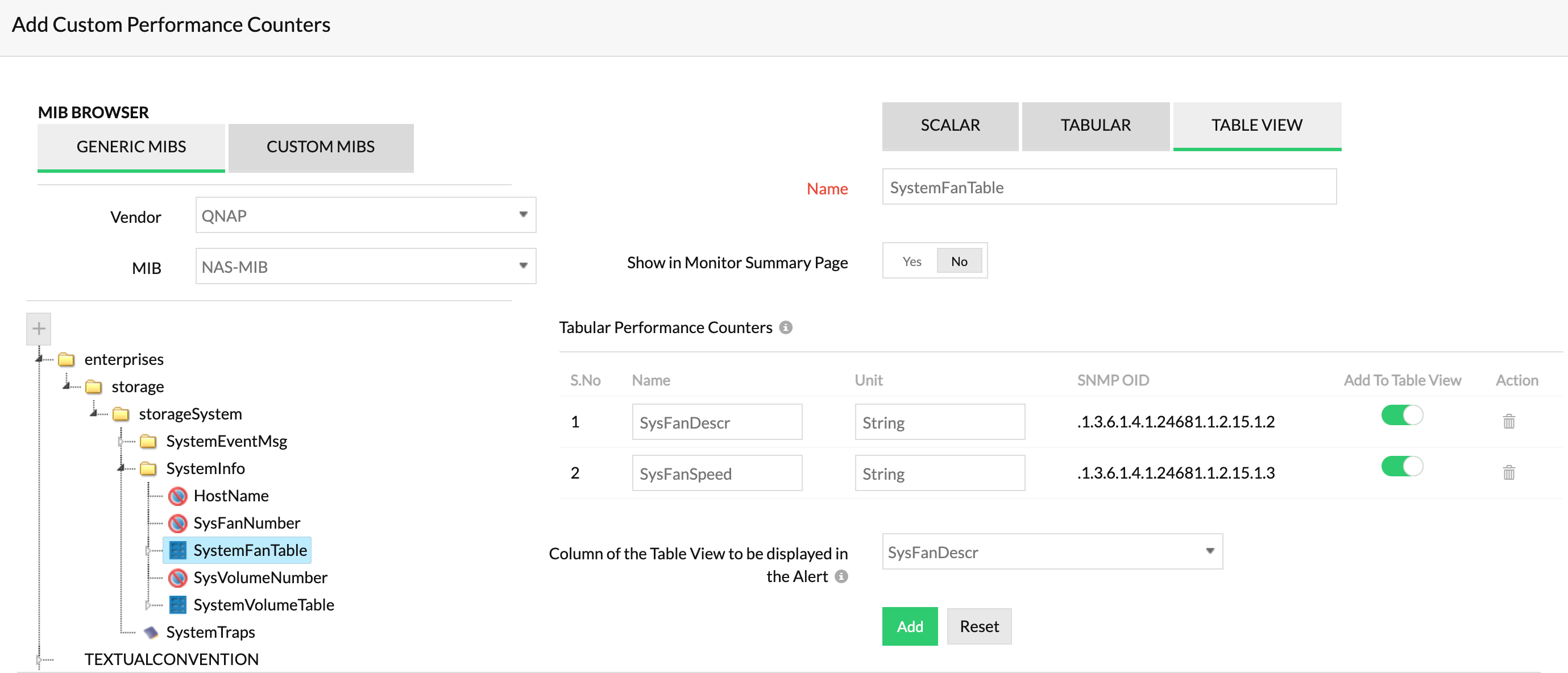 Add performance counters-table view