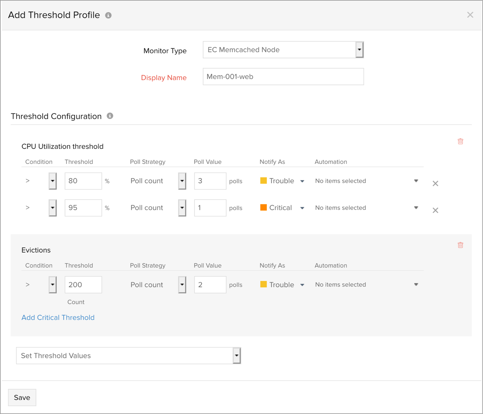 Configure thresholds for ElastiCache Memcached node