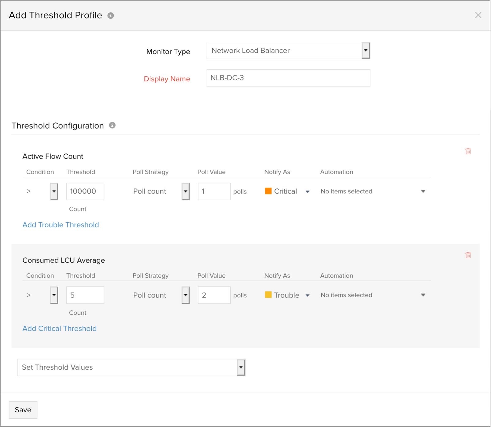 Site24x7 threshold profile for the network load balancer node