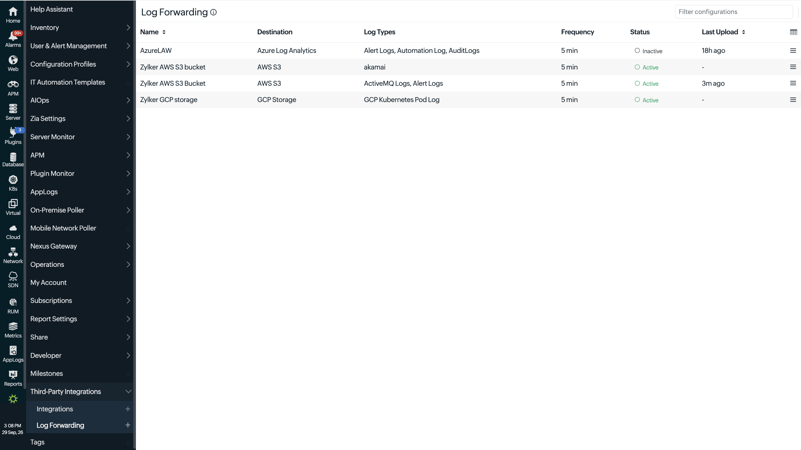 Log forwarding configurations listing page