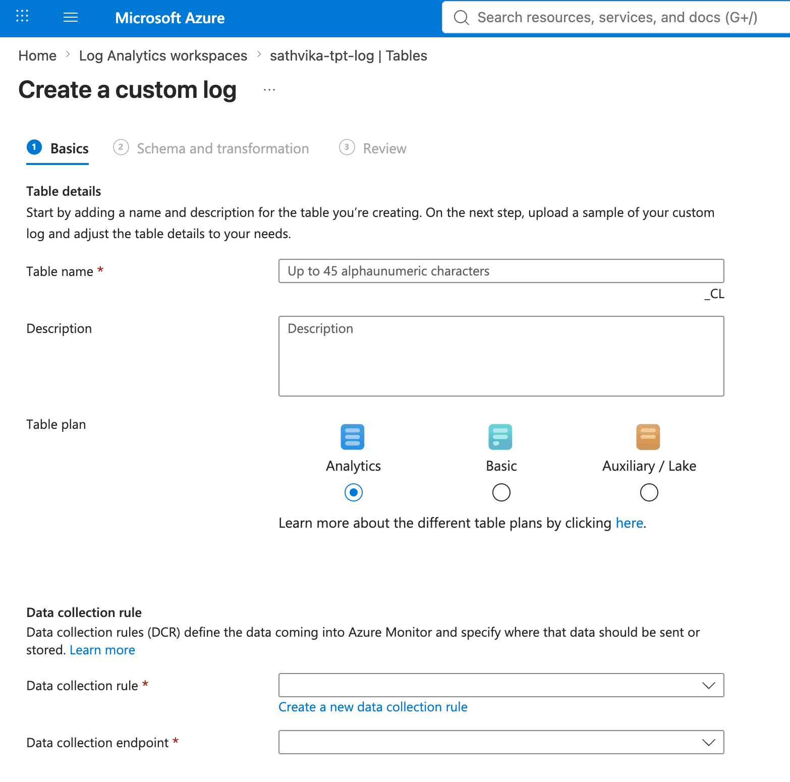 Create a custom log table Create a custom log table with a Data Collection Rule
