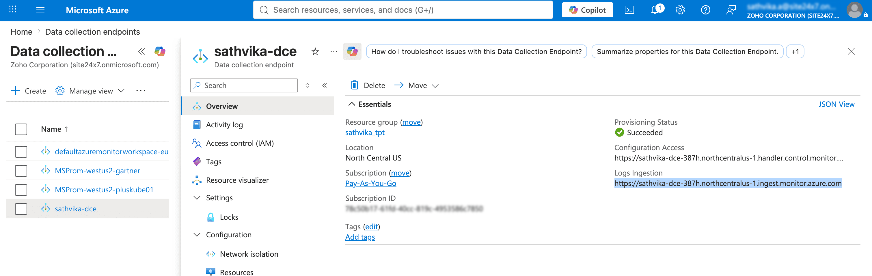 Logs Ingestion URI Logs Ingestion URI on the DCE Overview page