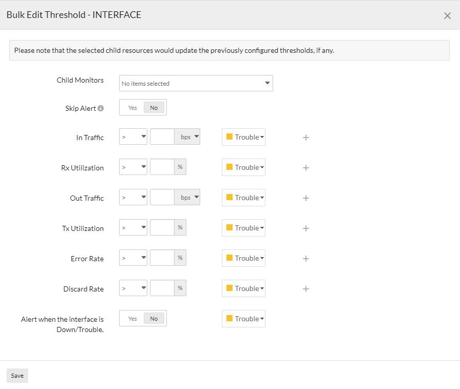 Bulk update of threshold parameters for interfaces