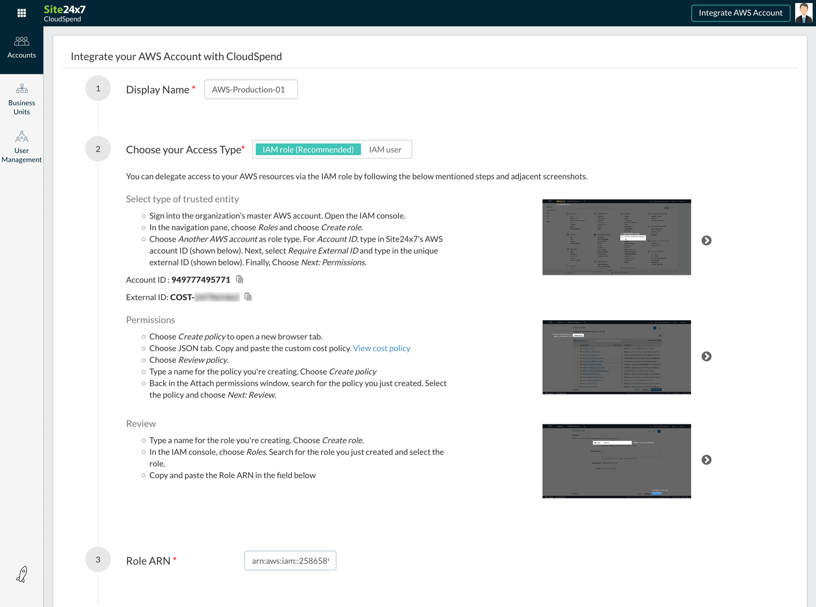 cloud cost management role configuration