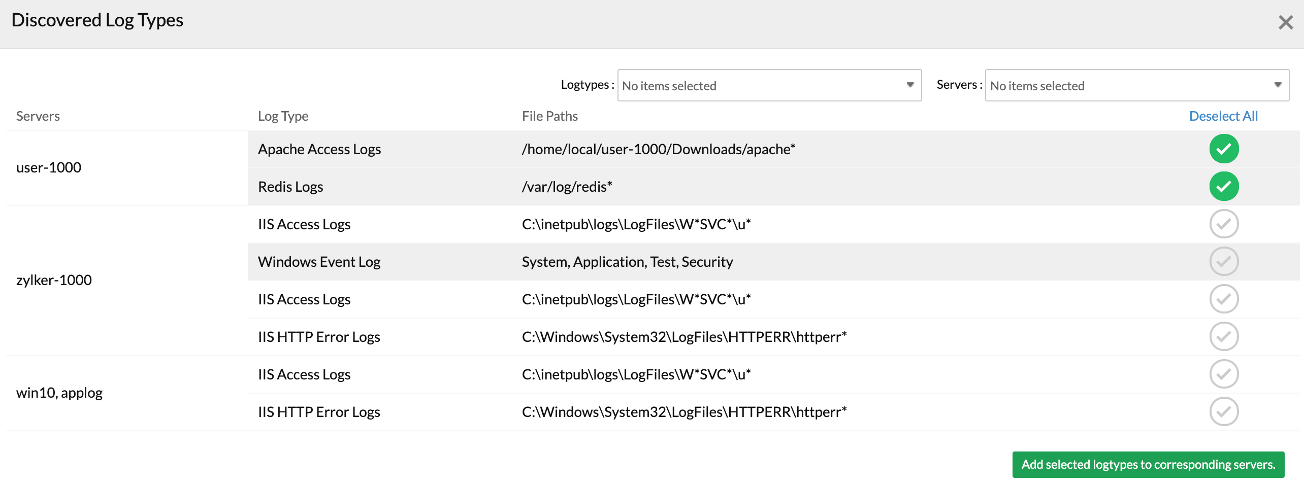 Discovered log types