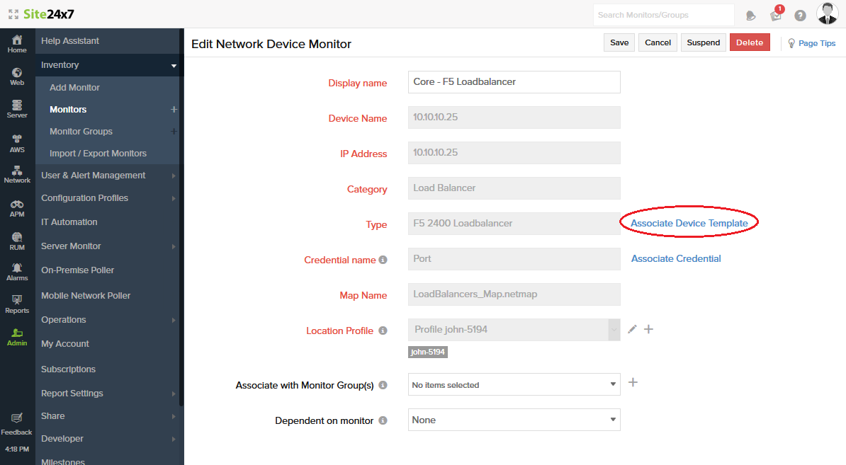 Associate Device Template