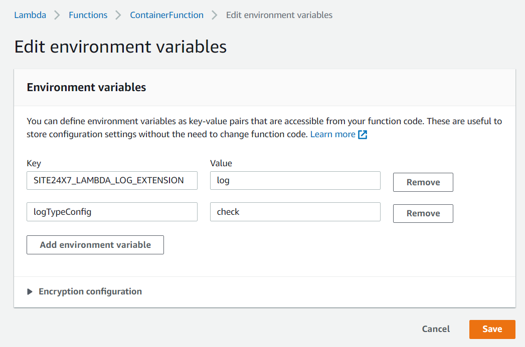 Create environment variables to integrate AWS Lambda extensions.