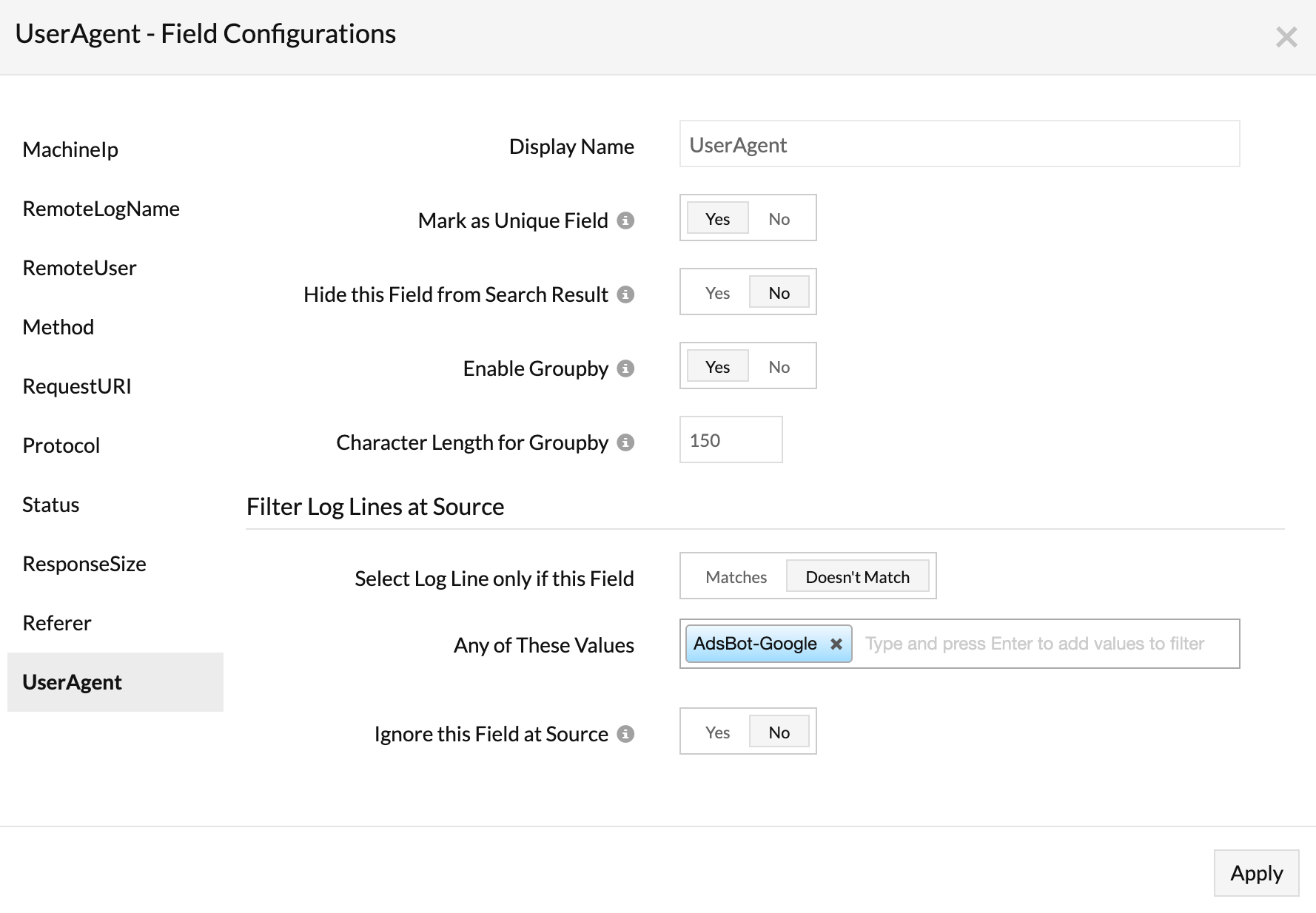 Update field configurations