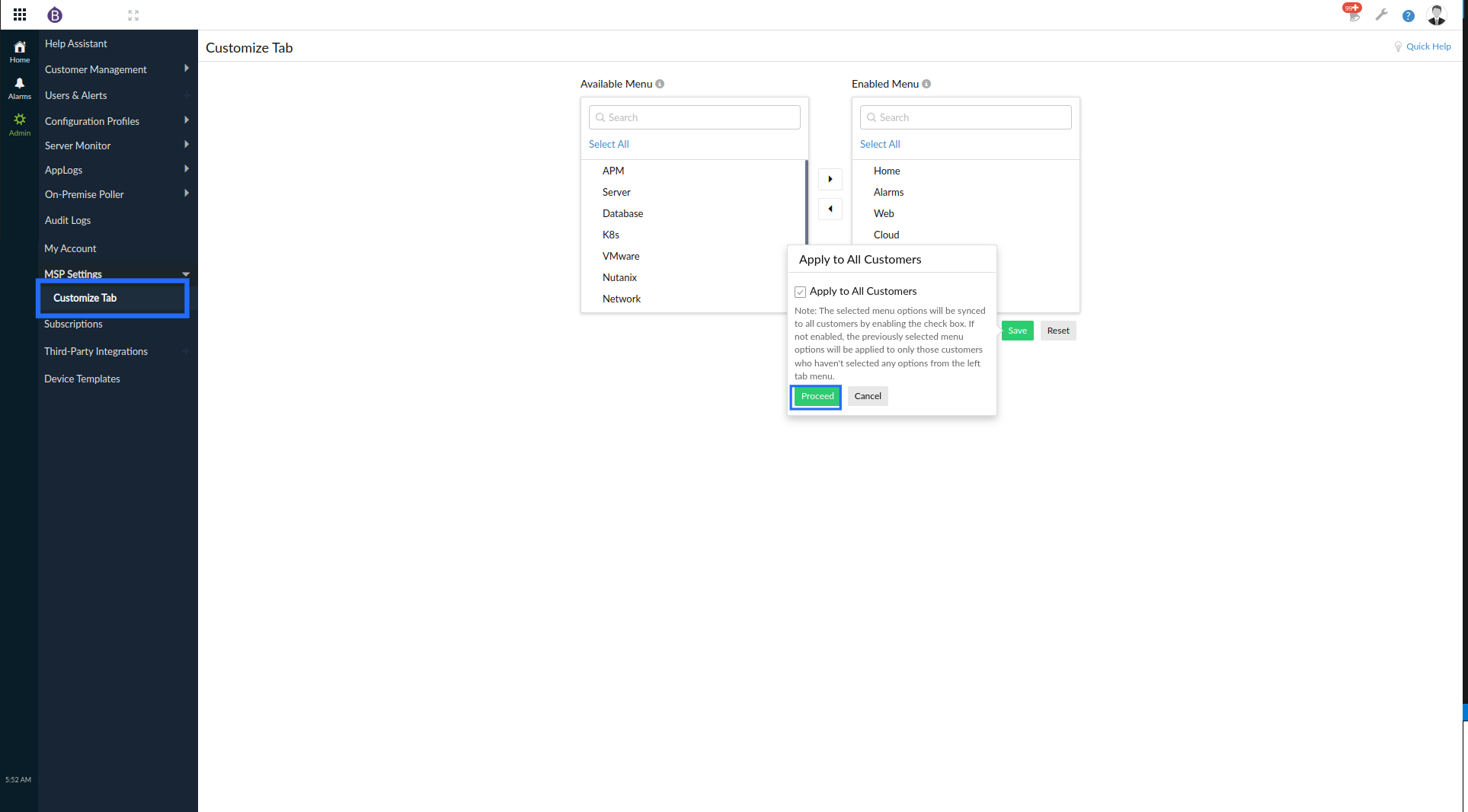 msp-customize-tab Customize left navigation pane
