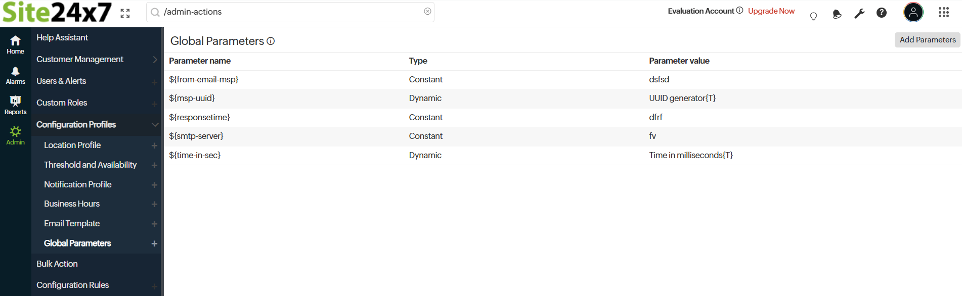 Global Parameter dashboard