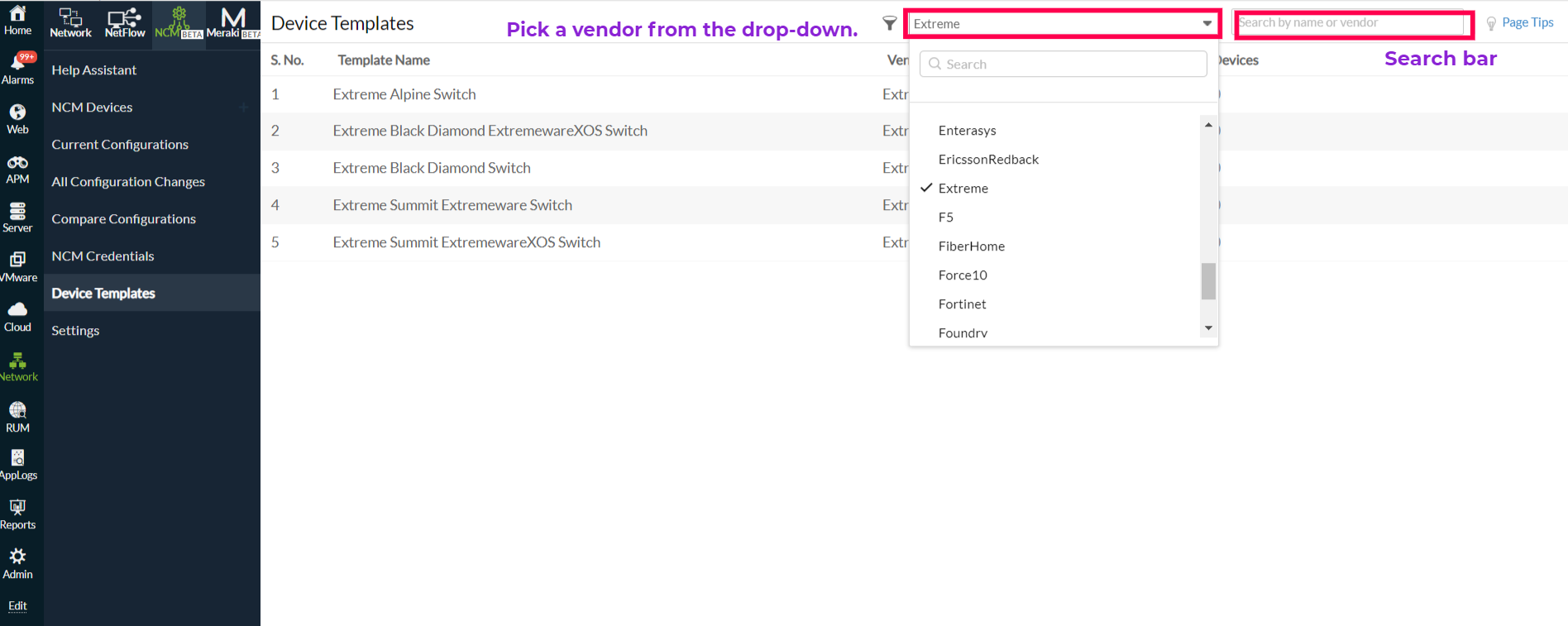 NCM device templates drop-down page.