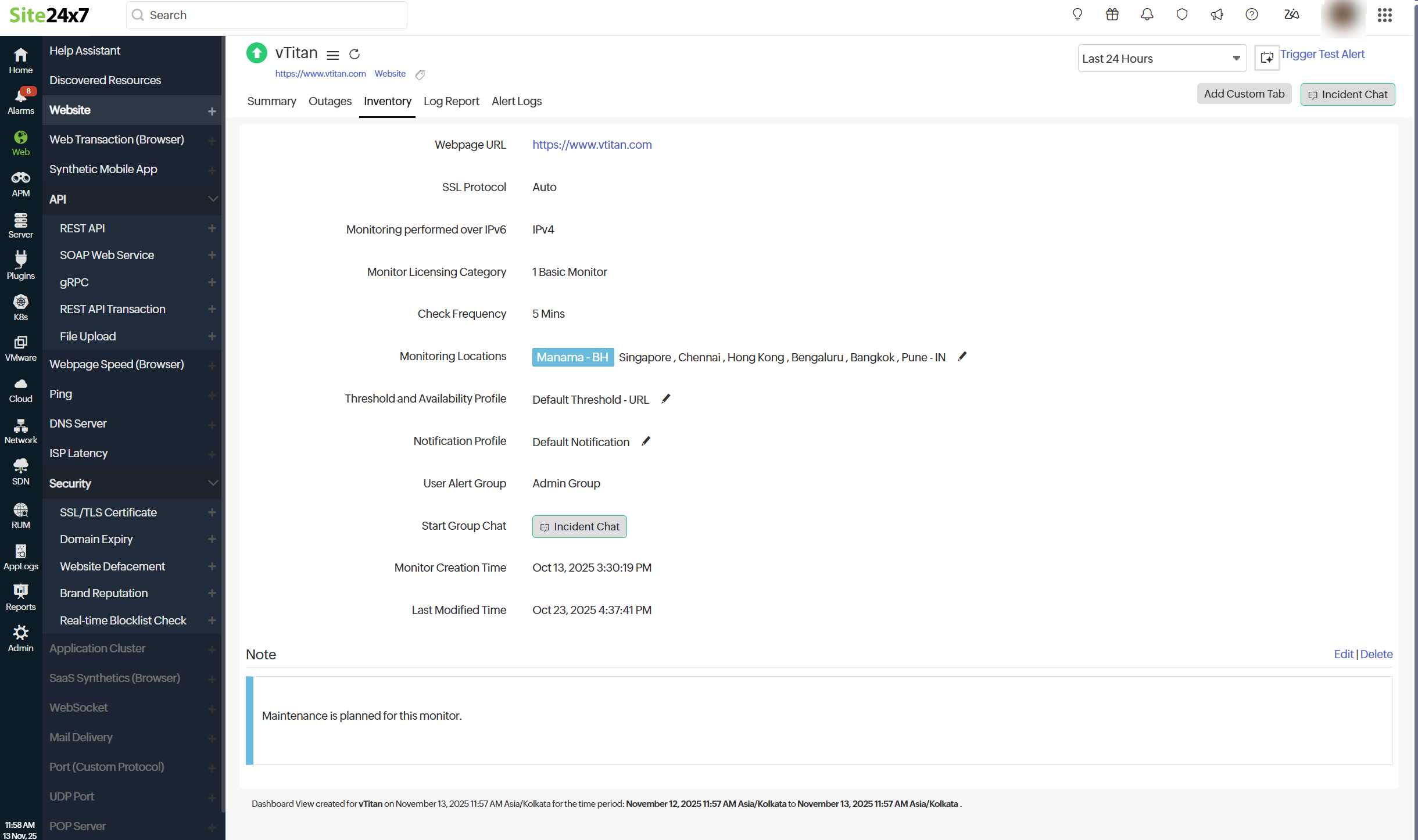 Inventory and notes for website monitor