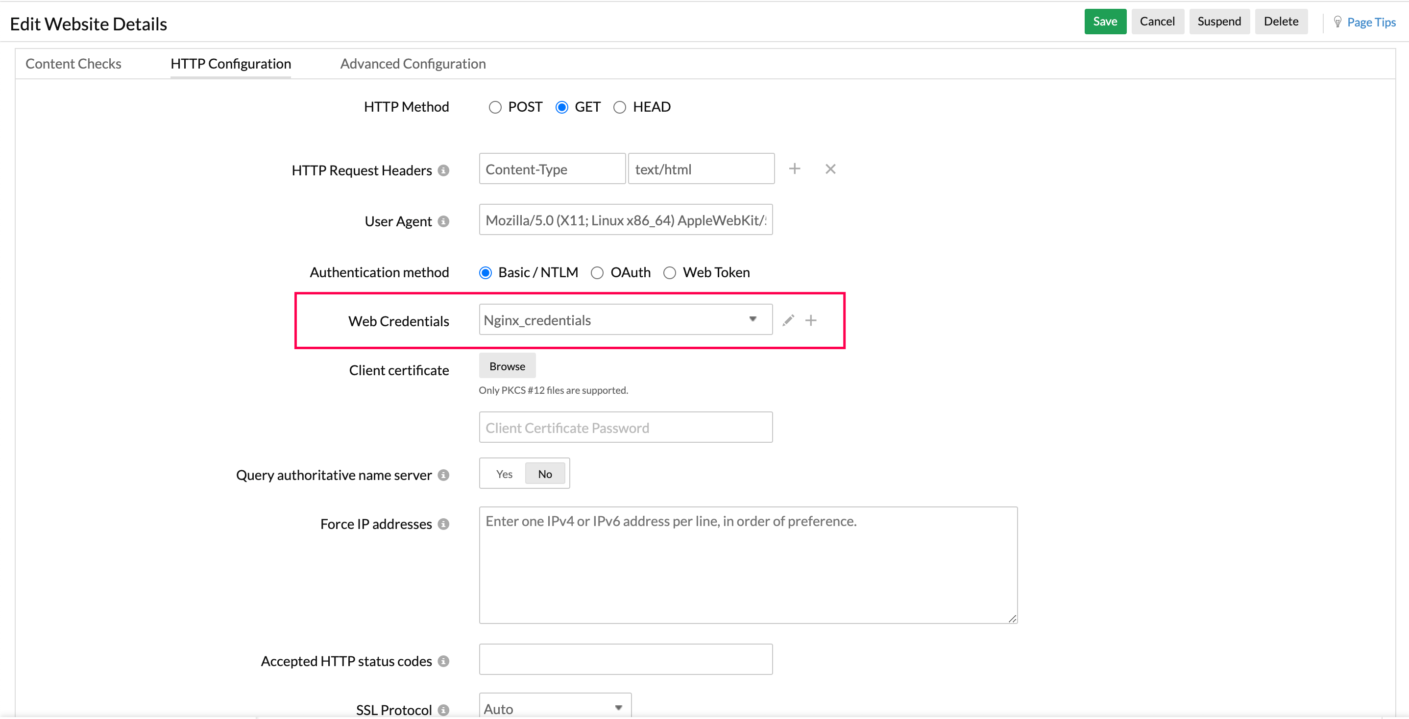 Associate authentication credentials to a website monitor using credential profile