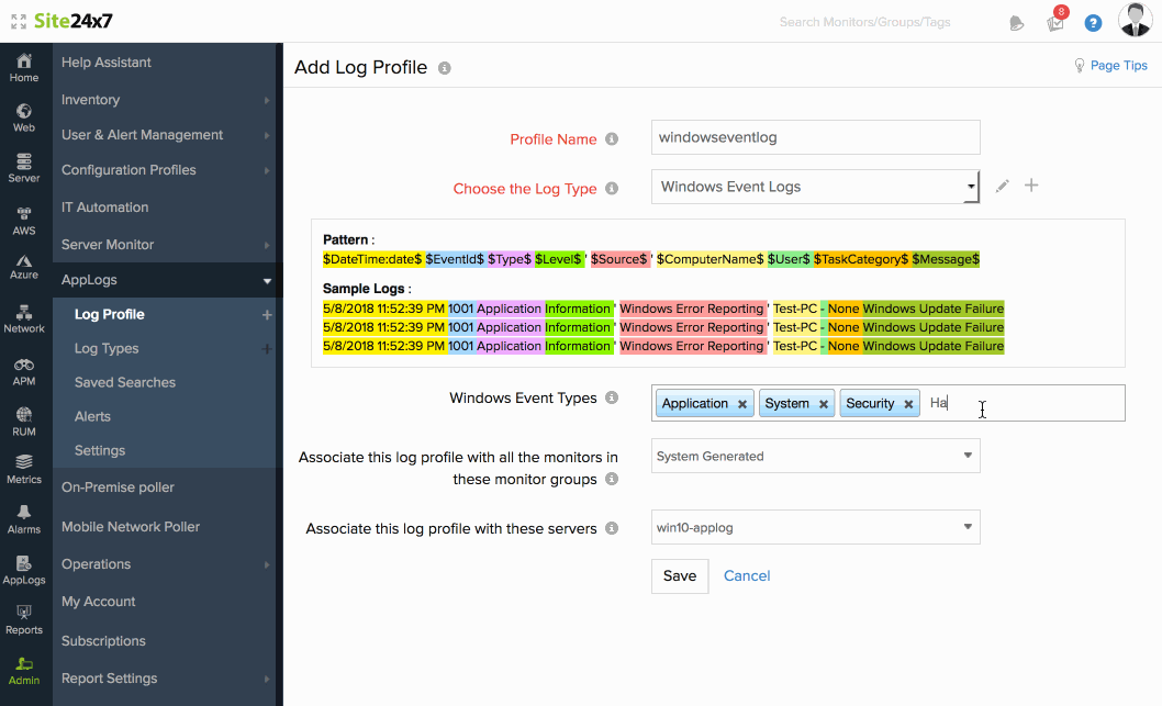 Add log Profile for Windows Event Logs