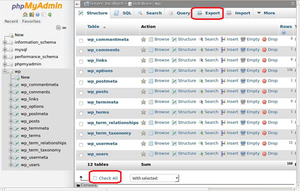 Select the WordPress database to be backed up